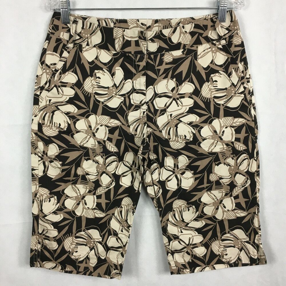 Rafaella Shorts Womens Sz 8 Black Brown Floral Cotton Stretch Bermuda Chino